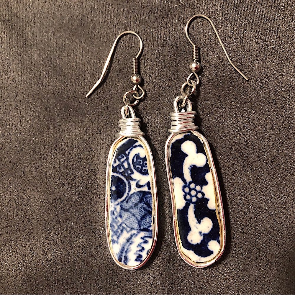 Blue Ceramic Drop Earrings with Silver-Tone Frame